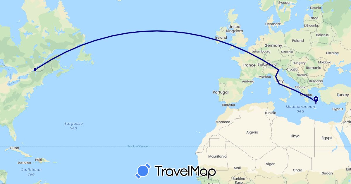 TravelMap itinerary: driving in Canada, Greece, Italy (Europe, North America)